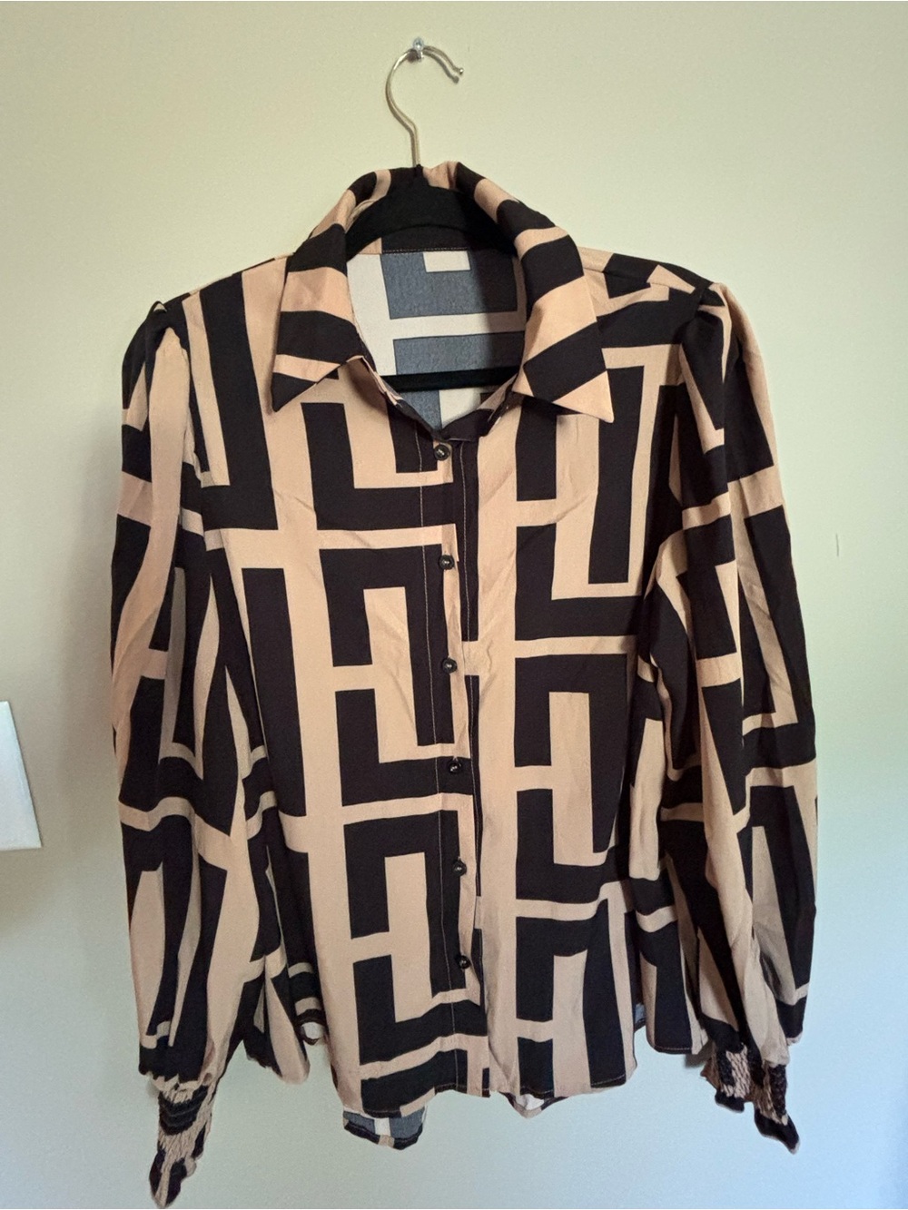 SHEIN Beige & Black Geometric Button-Up Blouse